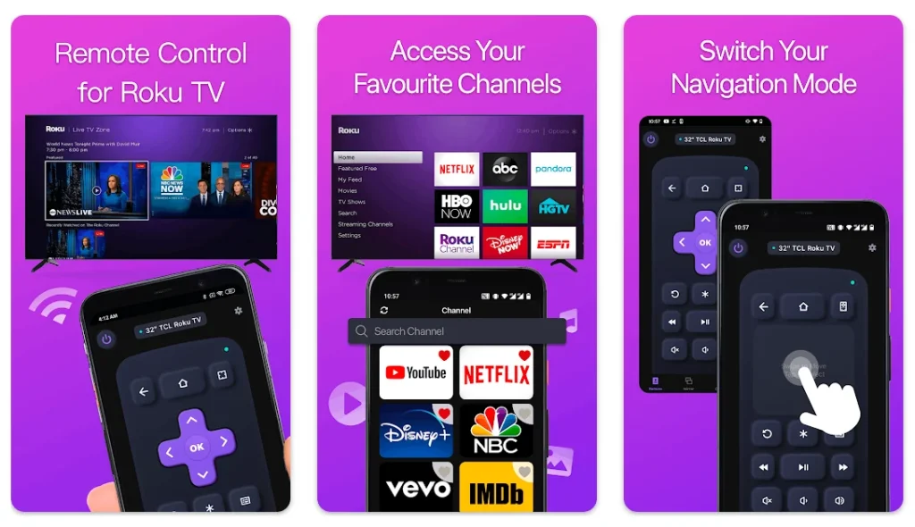 the screenshots of a Roku TV remote app