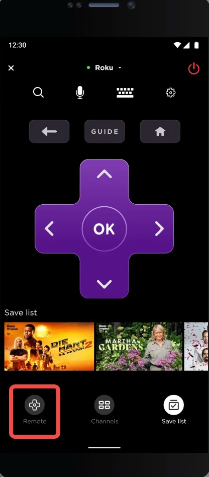 the remote tab on the Roku mobile app