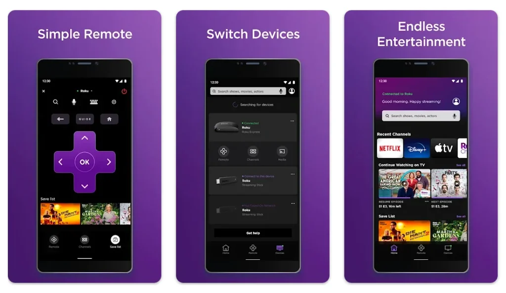 screenshorts of Roku TV remote app