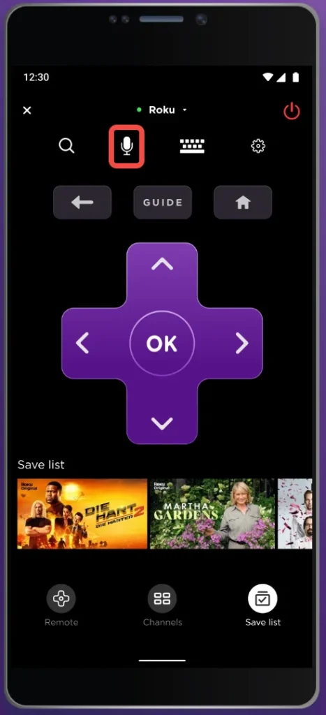 the microphone button on The Roku App