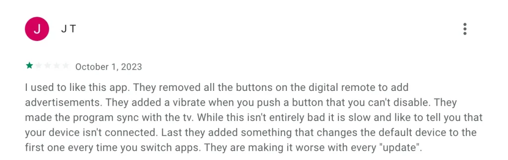 a feedback on Vizio remote on Google Play Store
