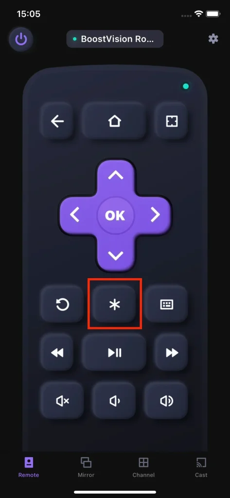 the Settings buttons on Roku remote app