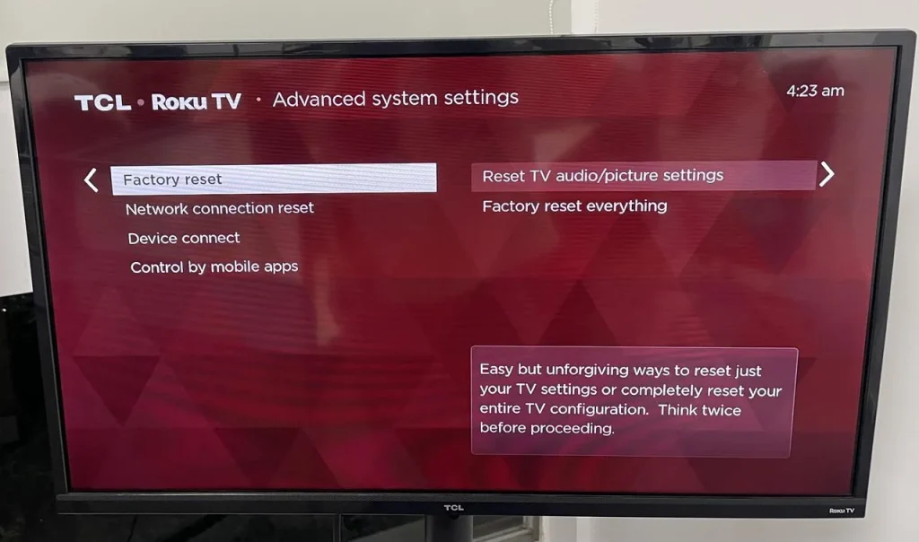 Reset TV audio/picture settings on Roku TV