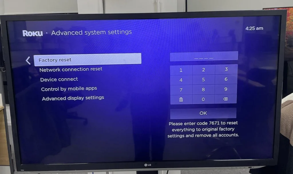 enter code to factory reset Roku TV