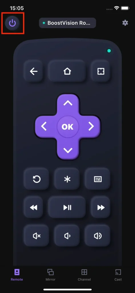 the power button on the remote app from BoostVision