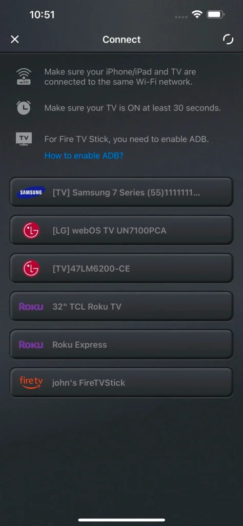 tap to connect button on a universal remote app