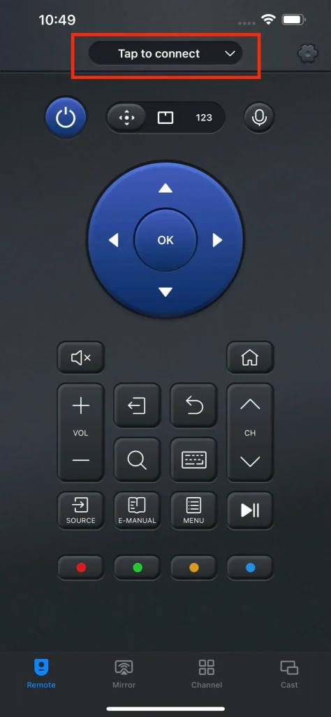 tap to connect button on a universal remote app