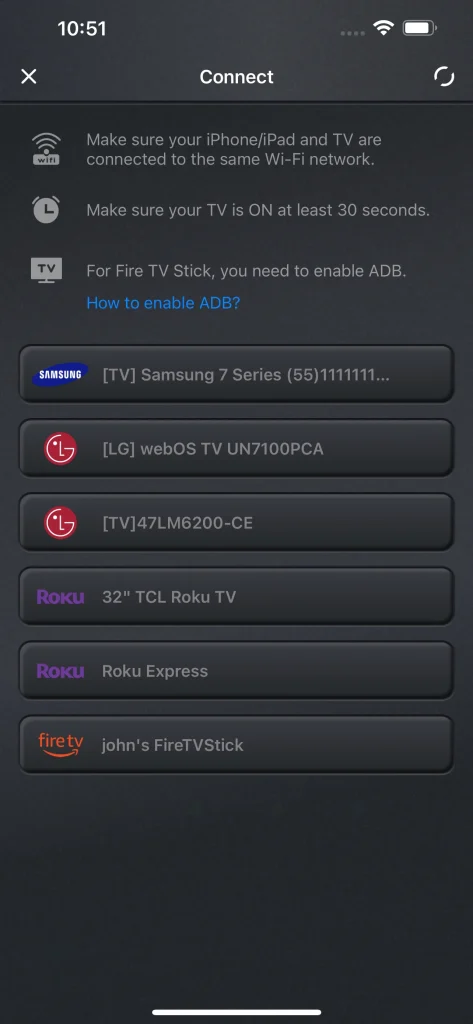Device list on Universal TV Remote app