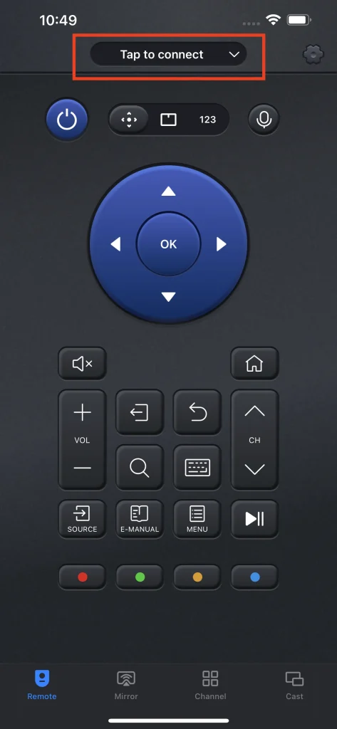 Connection button on Universal TV Remote app