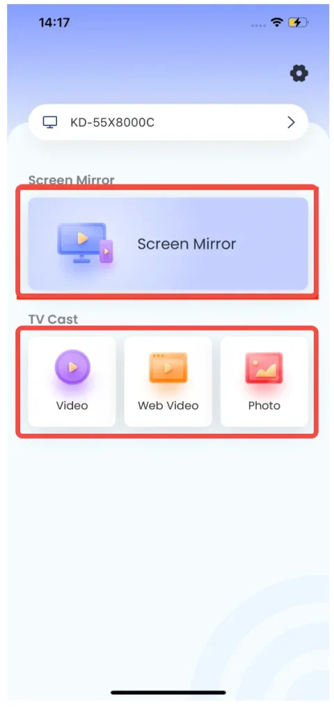 the home screen of the Screen Mirroring TV Cast app