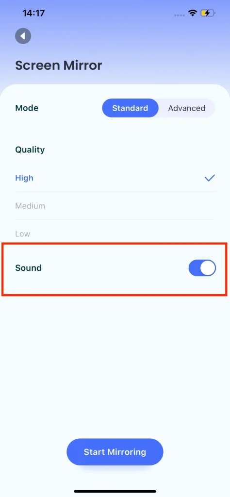 enable the Sound feature on the screen mirroring app