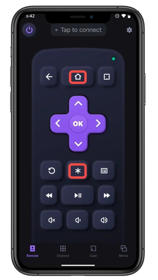 tap the * button or Home button on BoostVision's Roku remote app