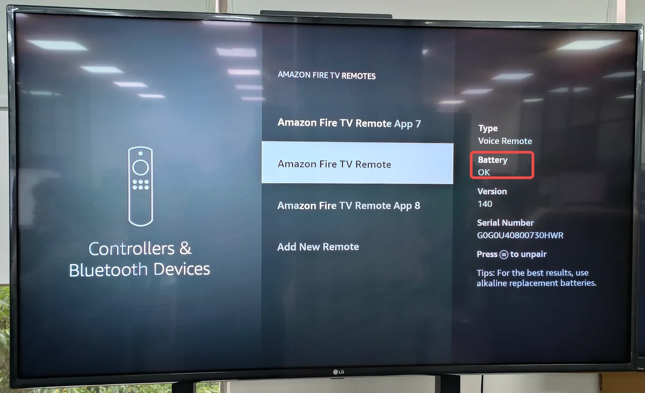 check the battery status on Firestick's settings menu