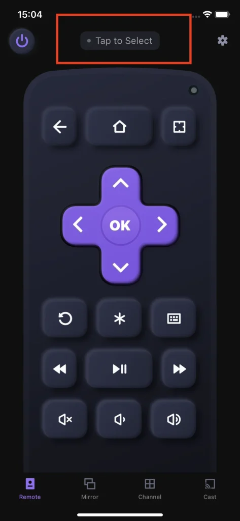 Tap to select area on Roku remote app