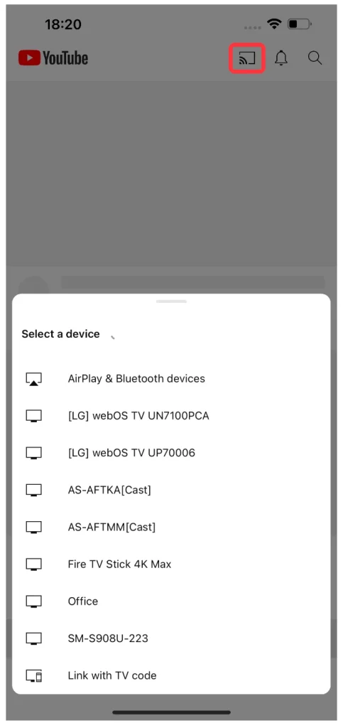 click the Cast icon on the YouTube app
