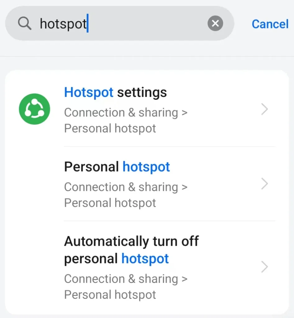 search for Hotspot on an Android phone