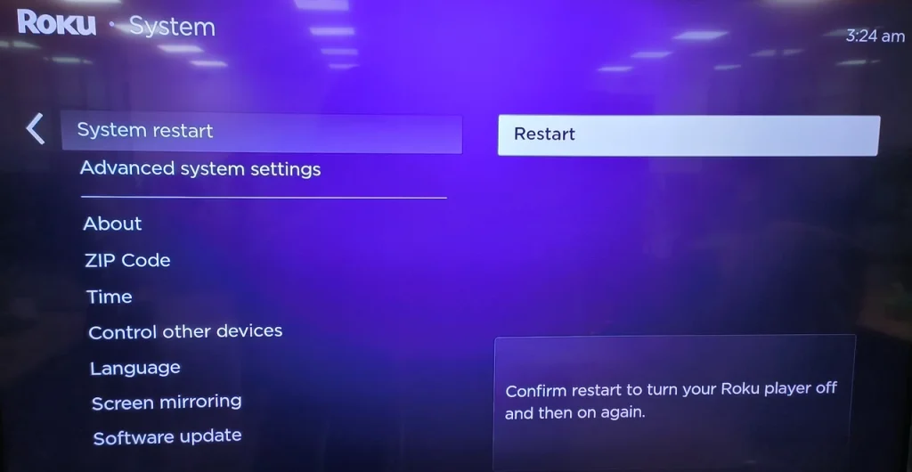 choose the Restart option from Roku's settings menu