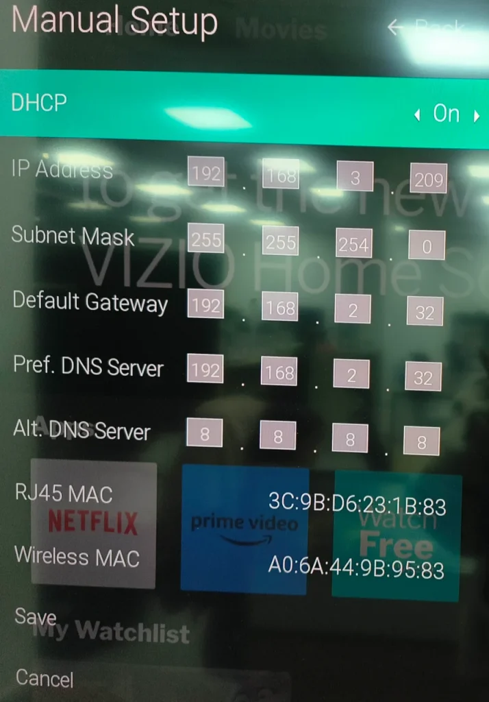 navigate to DHCP on Vizio TV