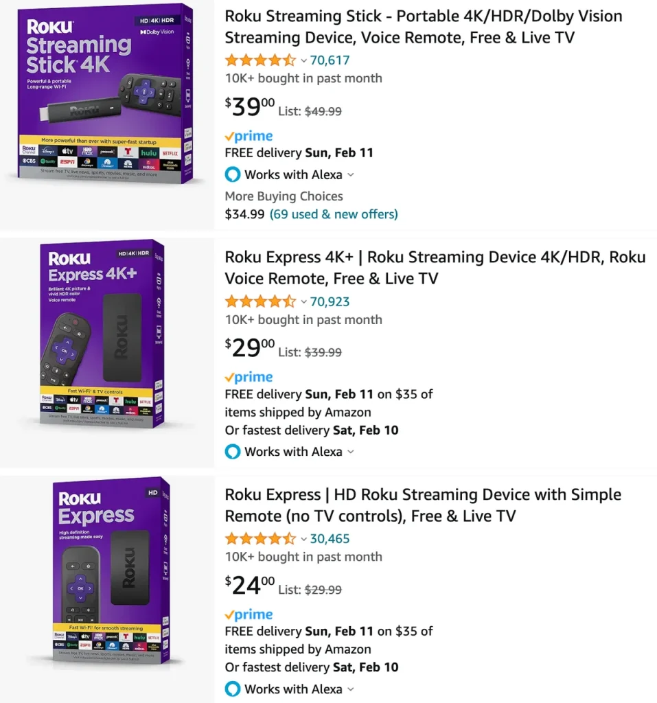 Roku Express & Stick's price on Amazon
