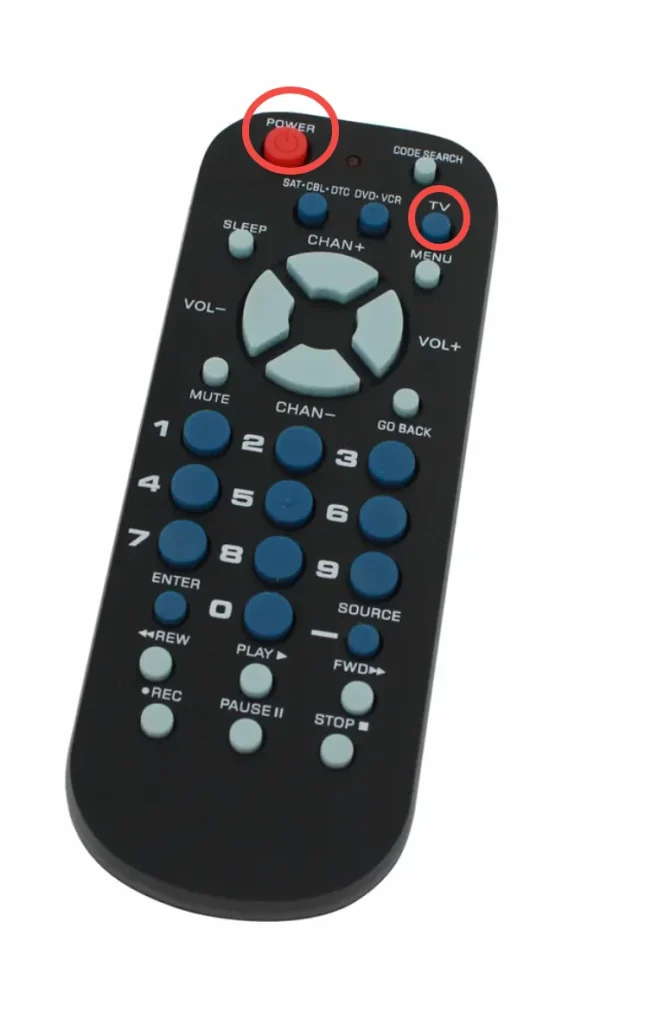 find the TV and Power buttons on the RCA universal remote