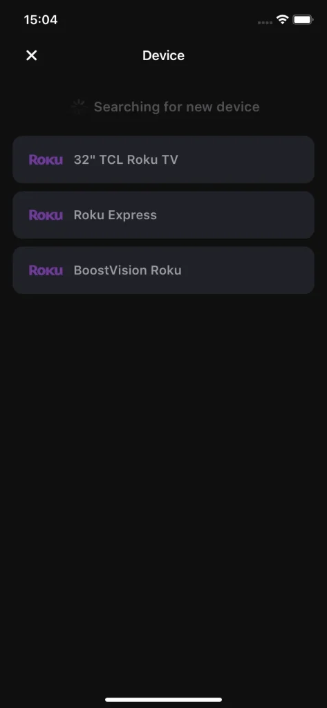 the device list on the Roku remote app