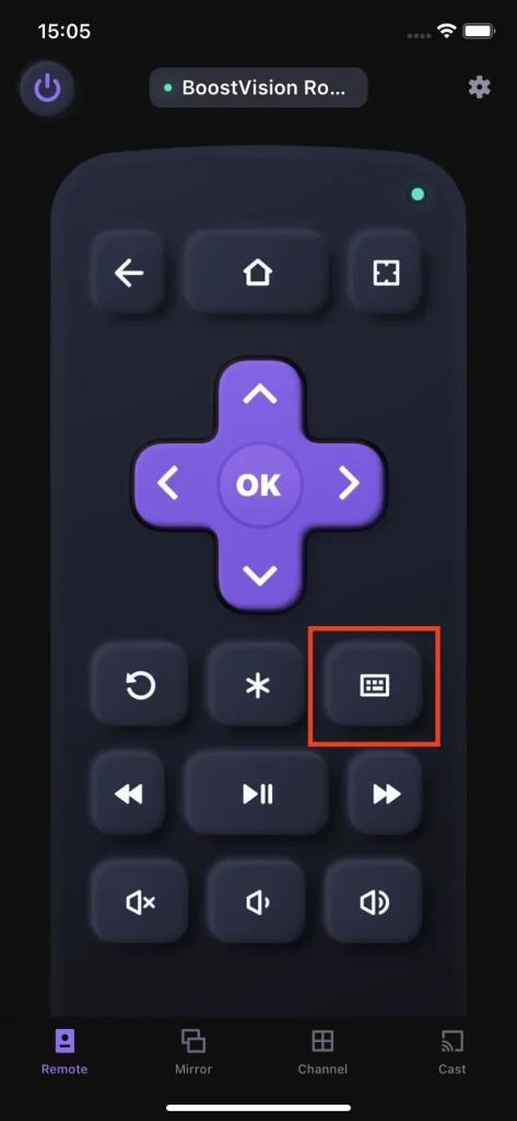 tap the keyboard icon on the Roku remote app