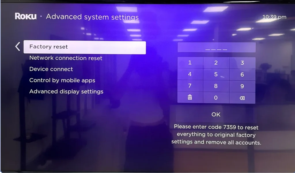 choose Factory reset on Roku