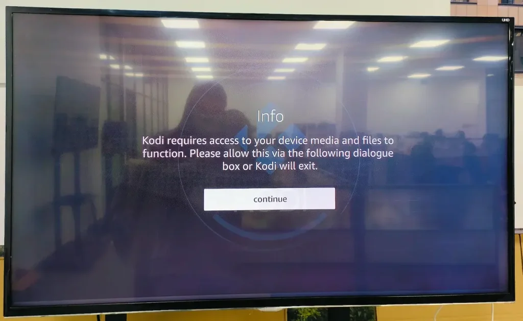 choose Continue on the Kodi app