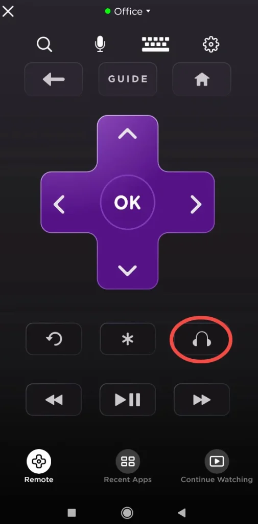 tap the headphone icon on the Roku app