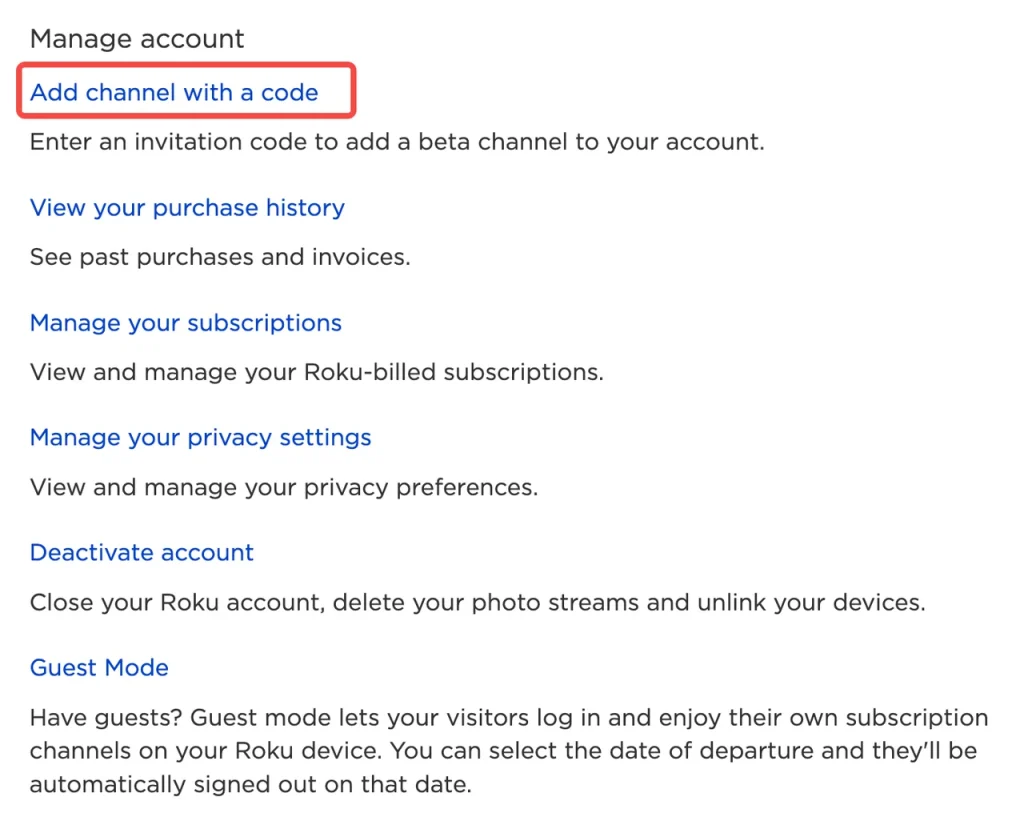 click Add channel with a code on the Roku account page