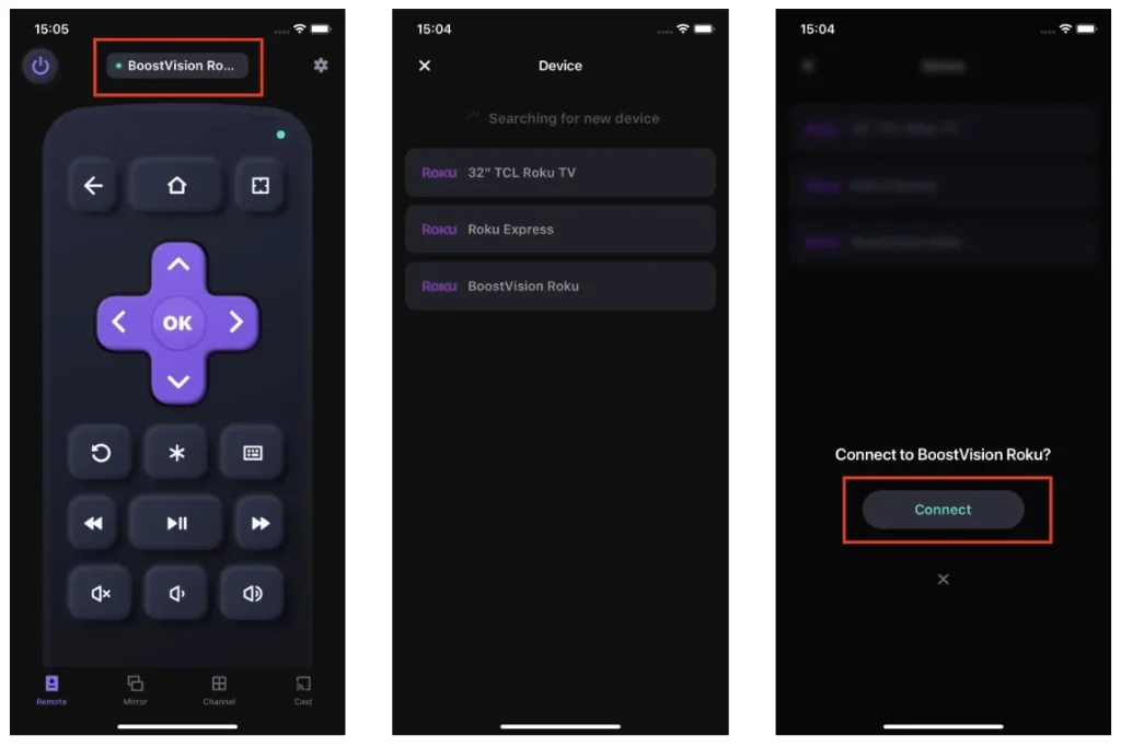 the connecting process of the Roku Remote app from BoostVision