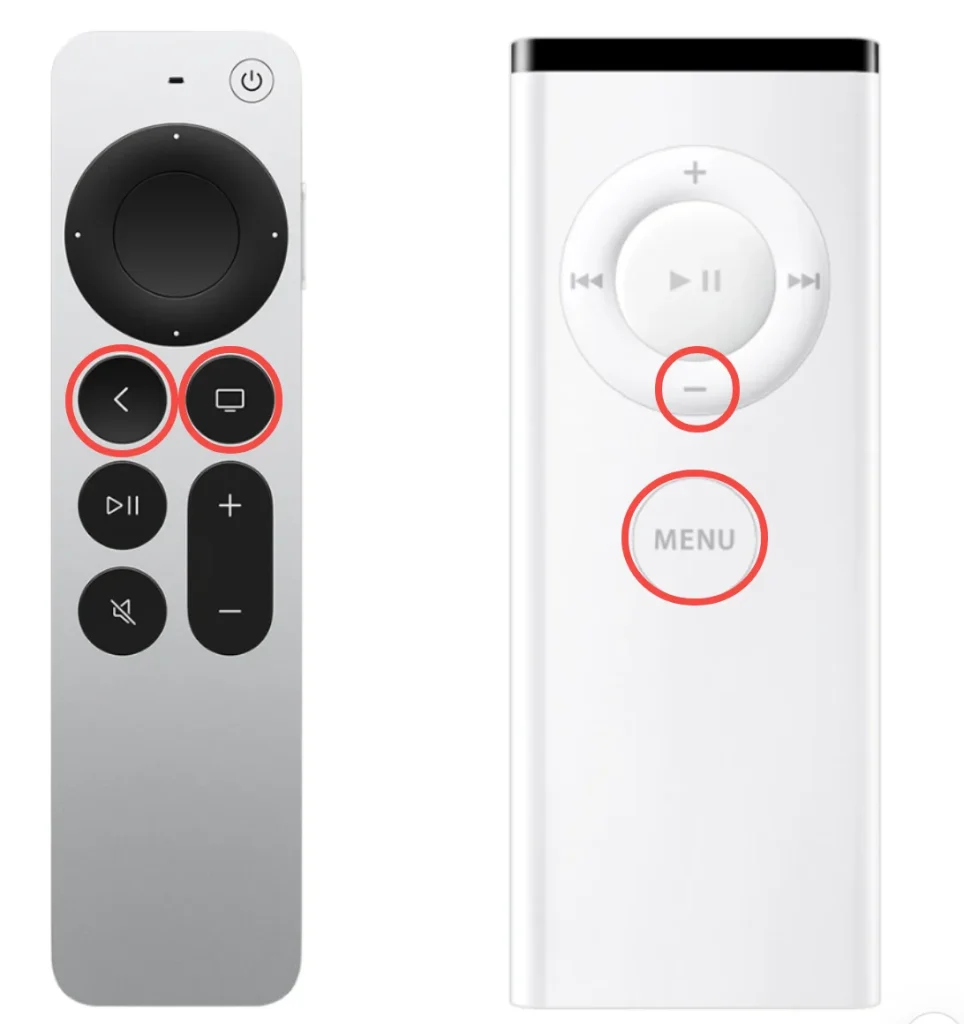 Apple TV restart buttons on Siri Remote 3rd generation and white Apple Remote