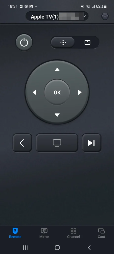 Remote interface of the Universal Apple TV Remote App