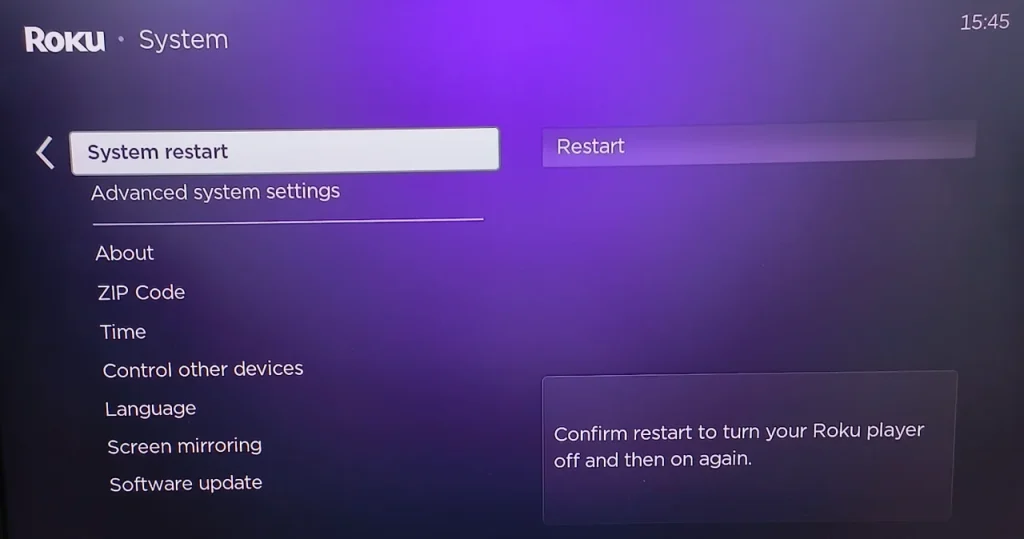 choose Restart on Roku device