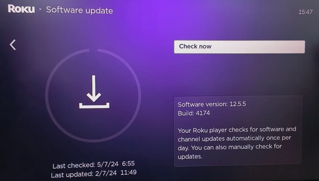 choose Check for updates on Roku