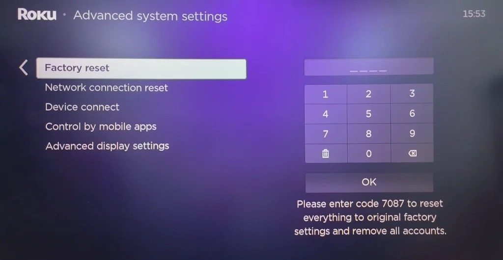 choose Factory reset on Roku