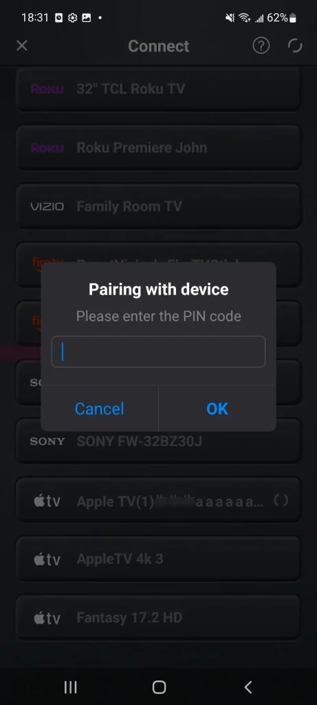 Pairing device interface on the Universal Apple TV Remote App interface
