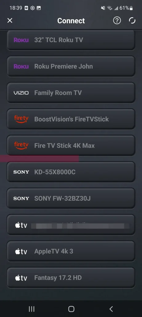 device connection list on the Universal Vizio Smart TV Remote App