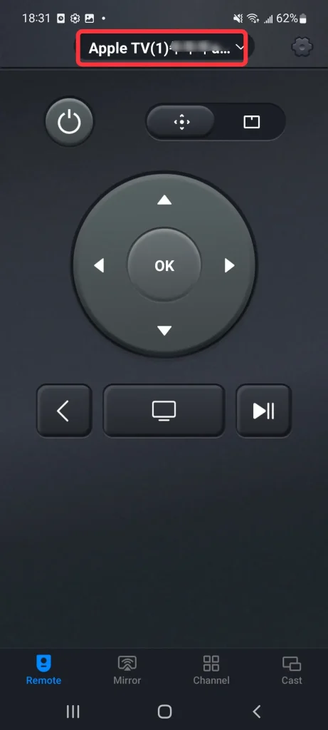 remote interface of the Universal Apple TV Remote App