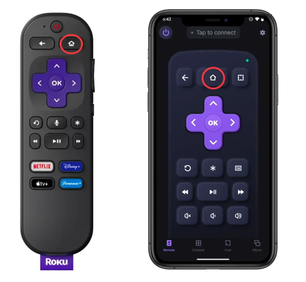 press the Home button on the physical and virtual Roku remote