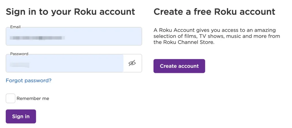 log in to the Roku account page