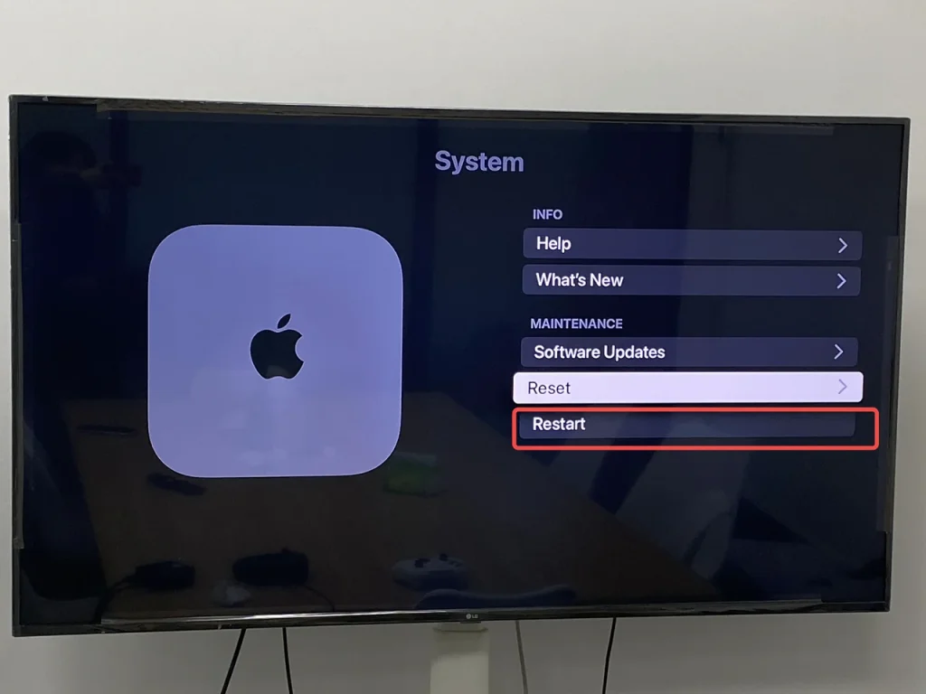 Restart option on System page of Apple TV