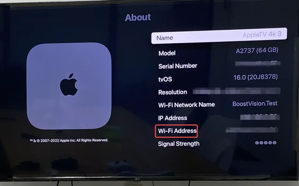 Wi-Fi address on Apple TV