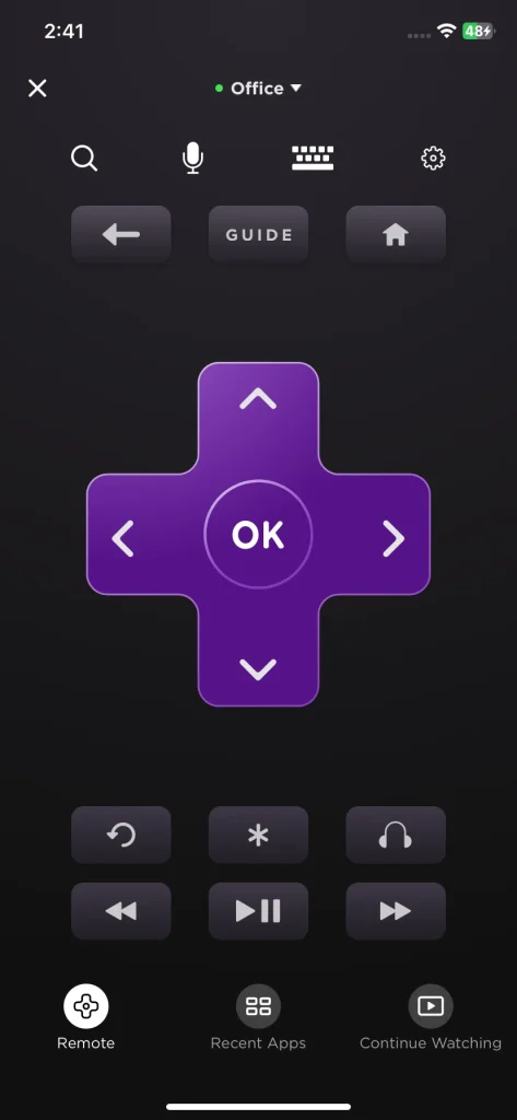 remote interface of the Roku App (Official)