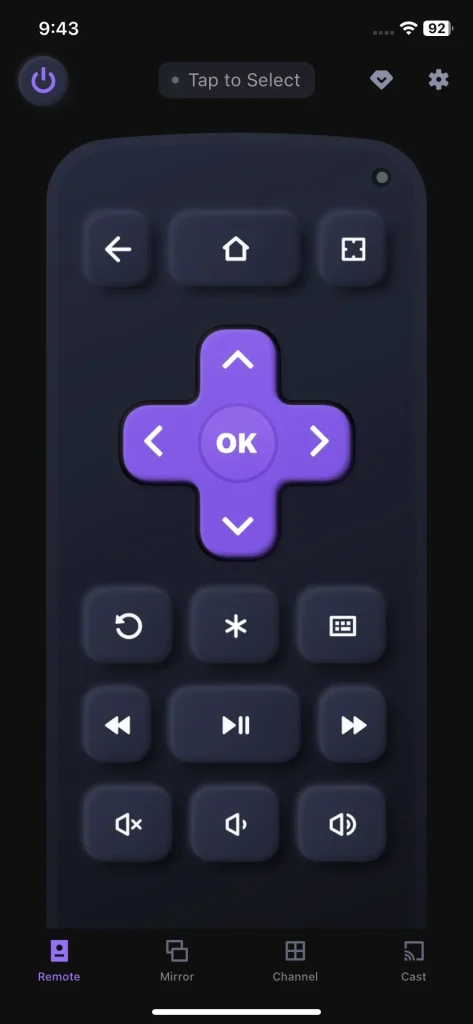 the remote page of the Remote for Roku: TV Remote