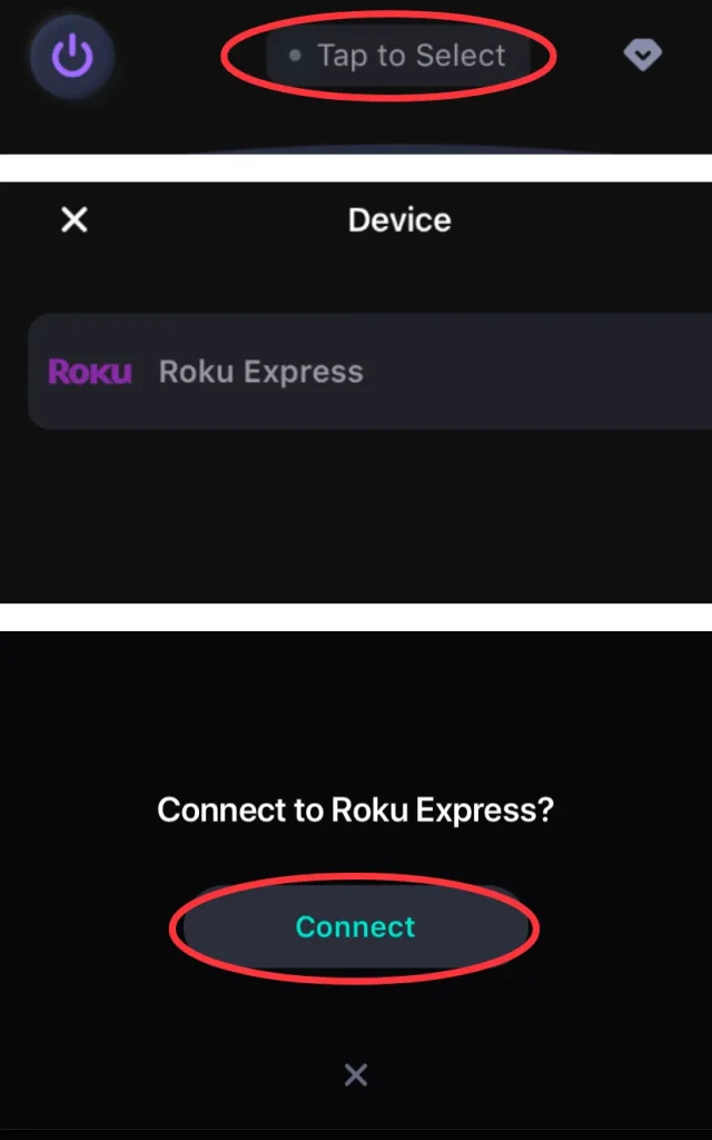 device connection process on the Remote for Roku: TV Remote