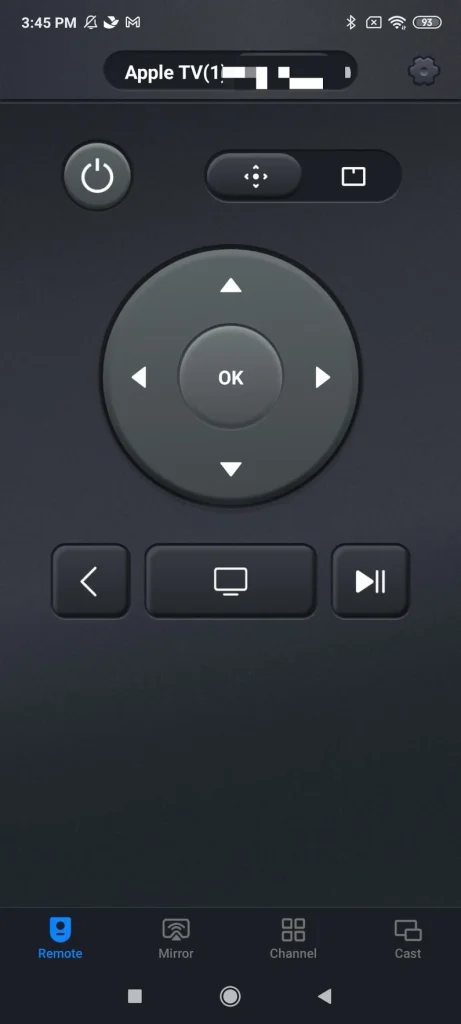 remote page of the Universal Apple TV Remote App