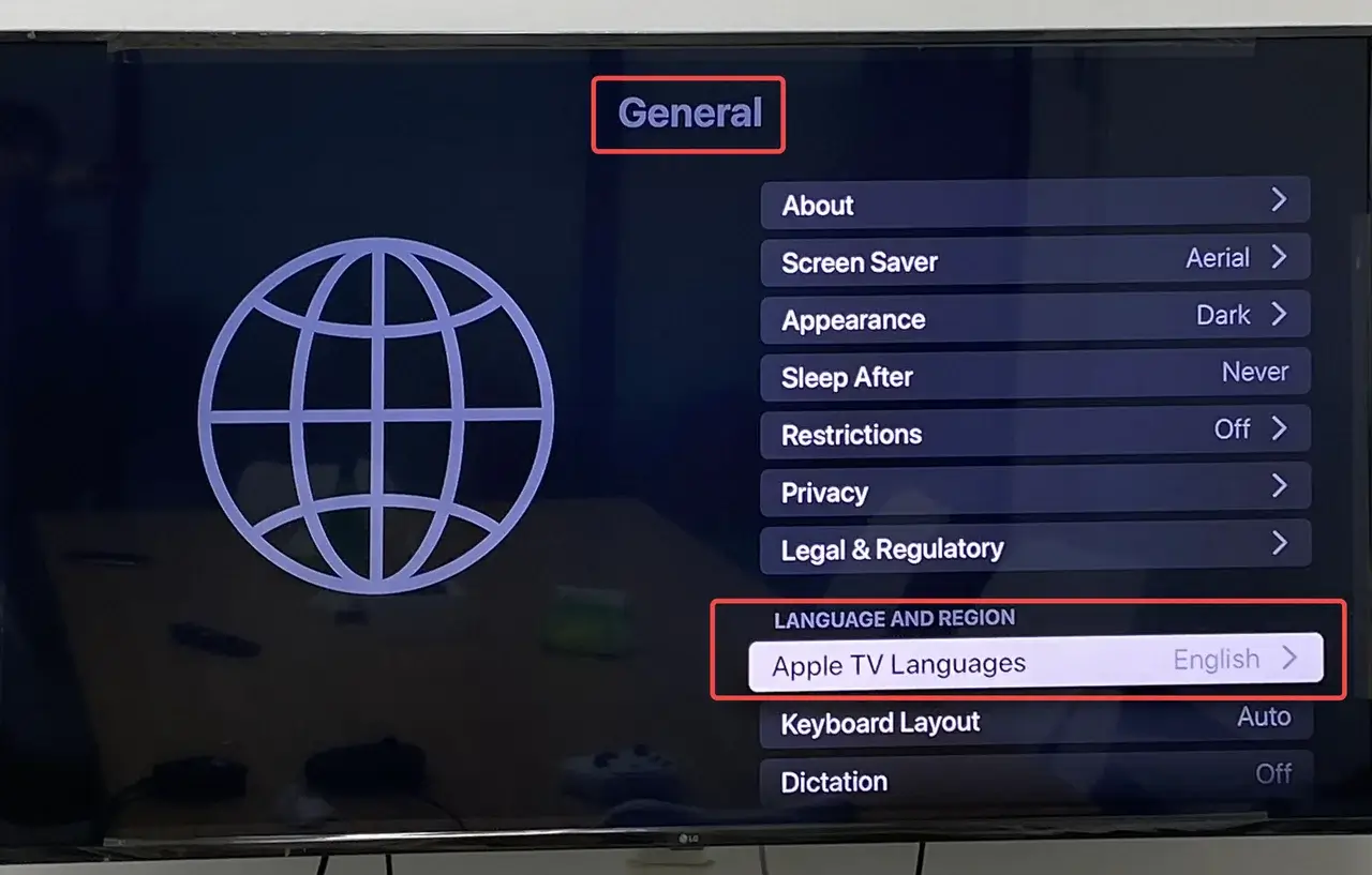 language option and country on Apple TV