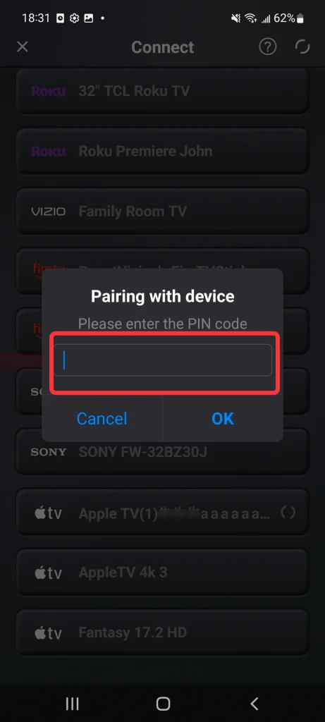 device Connection interface of the Universal Apple TV Remote App