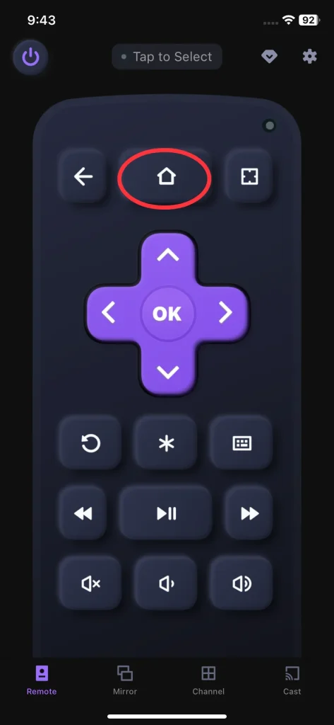 home button on the Remote for Ruku - TV Control app